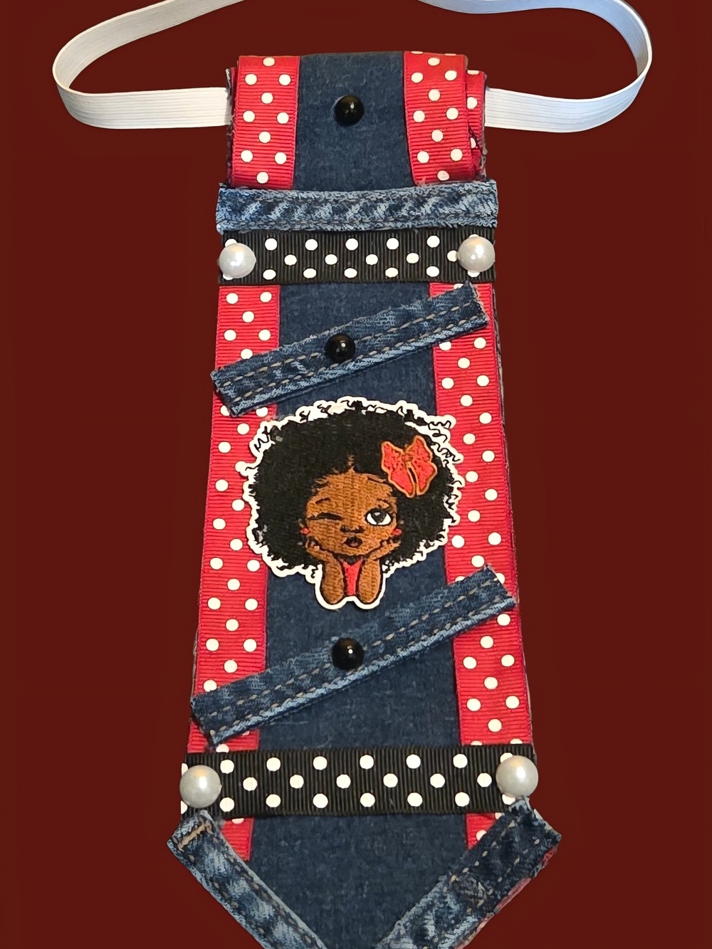 Red Polka Dot Upcycled Denim Kids Tie with Playful Character Patch